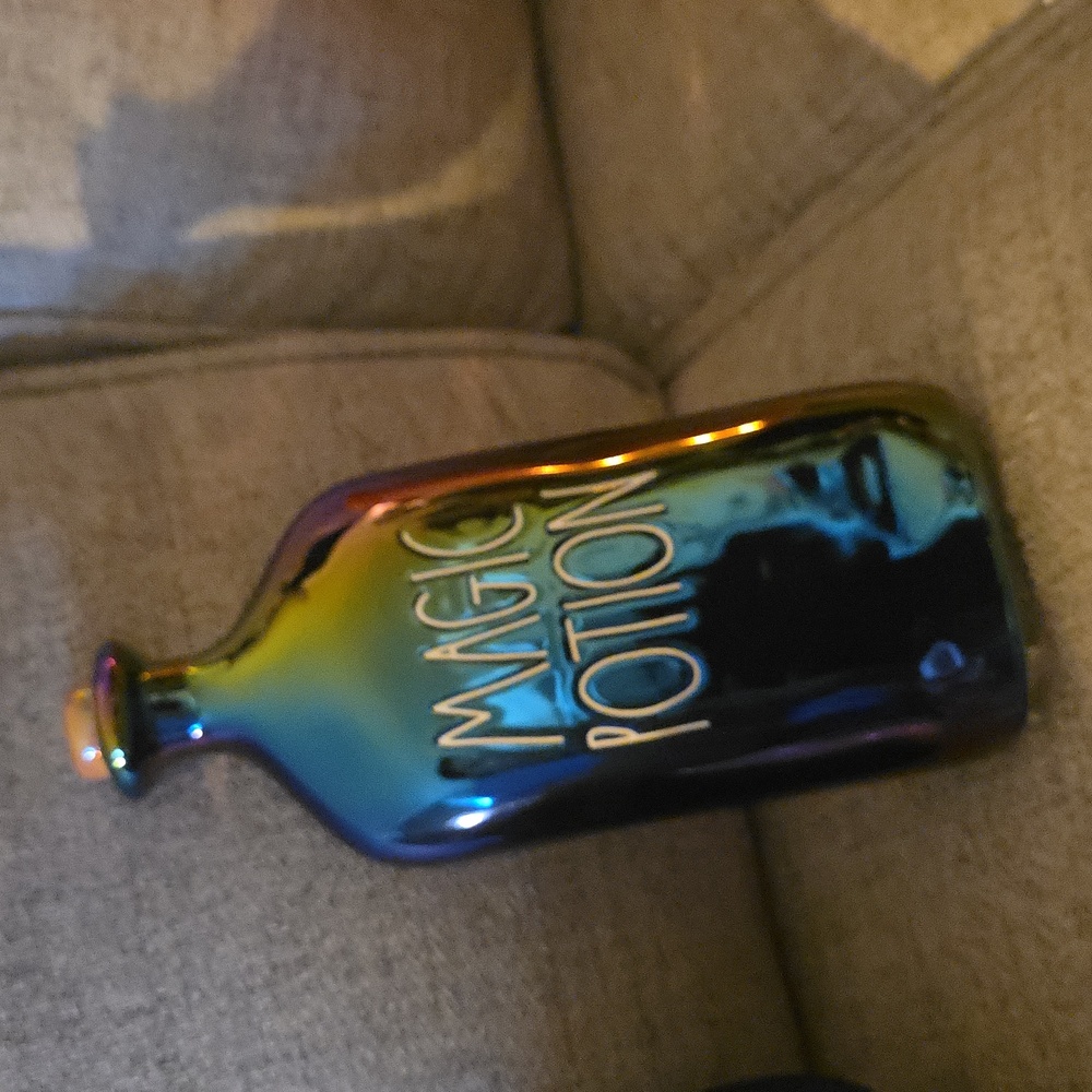 Rae Dunn‎ Magic Potion 2022 Halloween iridescent purple &
Green  glass bottle
